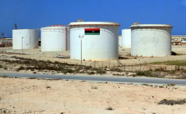 A picture taken on September 24, 2020 shows a partial view of the Brega oil port some 270kms west of Libya's eastern city of Benghazi.