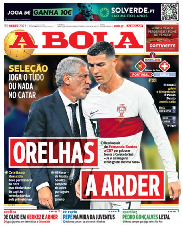 Front page of the A Bola newspaper on 6 December 2022