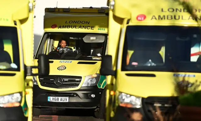 Parked ambulances at a hospital in London on 1 December