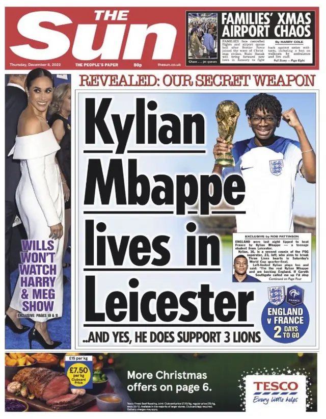 The Sun front page: Kylian Mbappe lives in Leicester