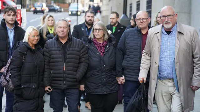 The family of Harry Dunn (left to right) mother Charlotte Charles, stepfather Bruce Charles, stepmother Tracey Dunn, father Tim Dunn and family advisor Radd Seiger, arriving at the Old Bailey, London, for the sentencing of Anne Sacoolas over the death of the 19 year old.