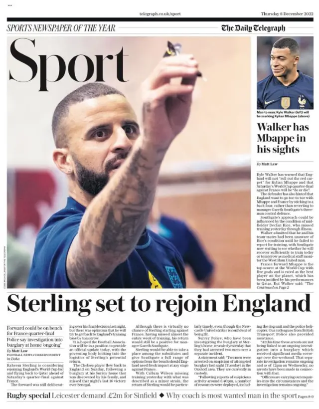 Telegraph Sport front cover headline: Sterling set to rejoin England