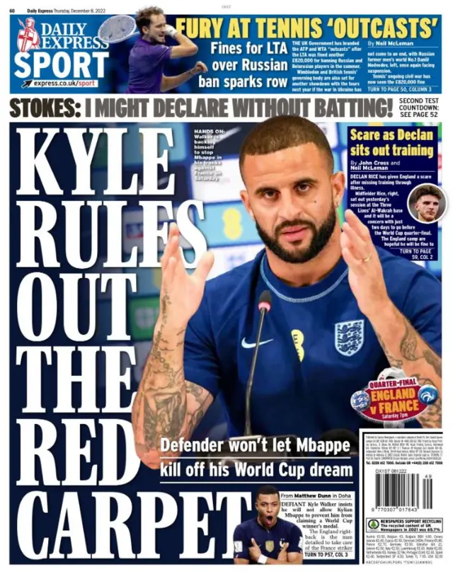 Express Sport back page: Kyle rules out the red carpet