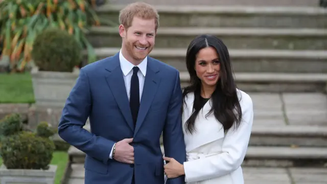 Harry and Meghan speaking with the media about their engagement