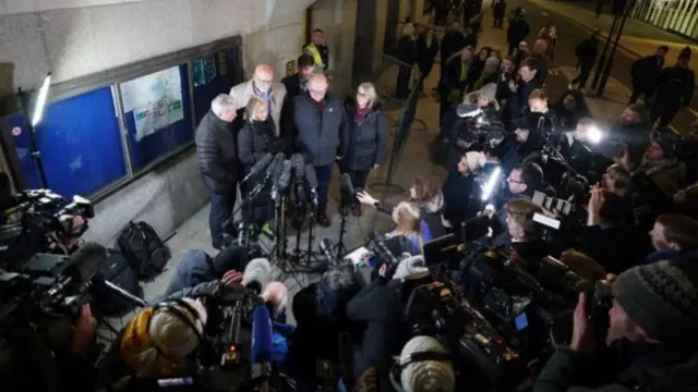 The family of Harry Dunn (left to right)mother Charlotte Charles, stepfather Bruce Charles, family advisor Radd Seiger, father Tim Dunn, stepmother Tracey Dunn, outside the Old Bailey