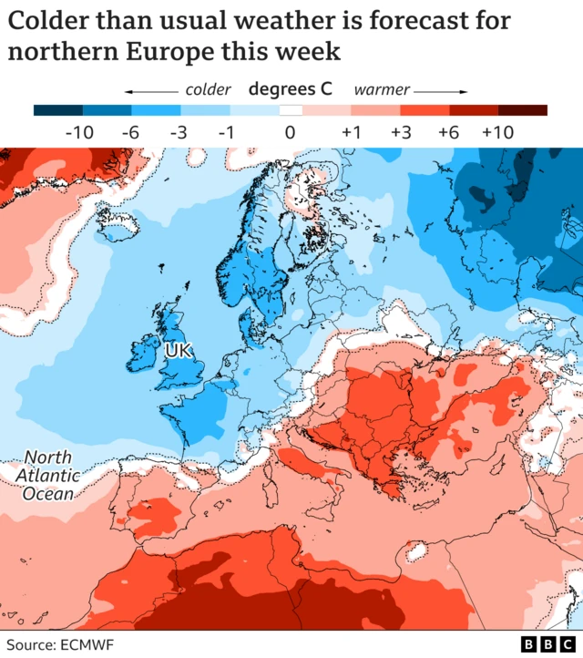 Weather map showing forecast for Europe