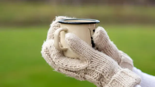 Hands of young woman wearing gloves holding coffee mug outdoors