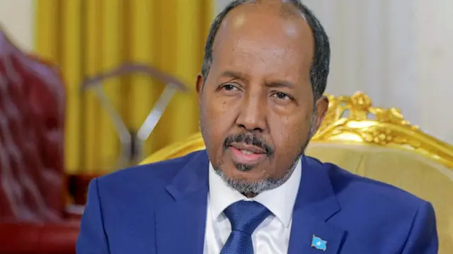 Somalia's President Hassan Sheikh Mohamud speaks during a Reuters interview in Mogadishu