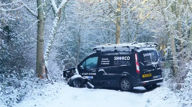 A van that has lost control in the snow in Castleside, Durham.