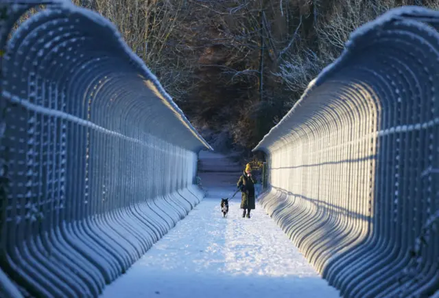 A woman walks her dog through snow over Castleside Viaduct in Durham