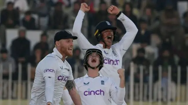 England celebrating the final wicket against Pakistan in the first Test