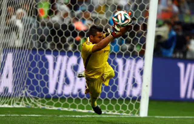 Sergio Romero saves a penalty against Netherlands in 2014