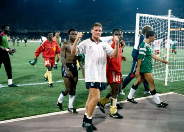 Paul Gascoigne (centre) celebrates after England beat Cameroon in the last eight in 1990