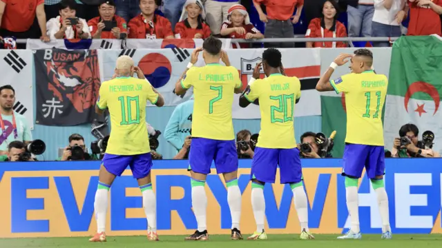 Players of Brazil celebrate after scoring goal during the FIFA World Cup Qatar 2022 Round of 16 match between Brazil and South Korea at Stadium.