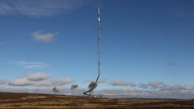 The original Bilsdale mast is felled in a controlled explosion