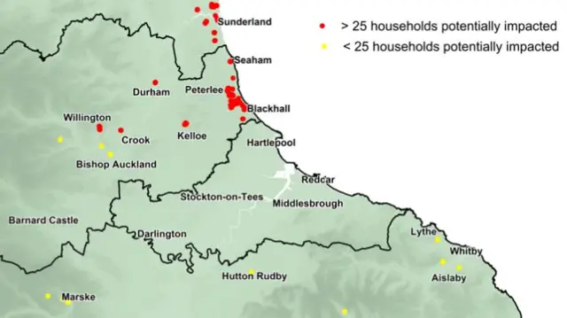 A map featuring the areas affected by the mast switchover