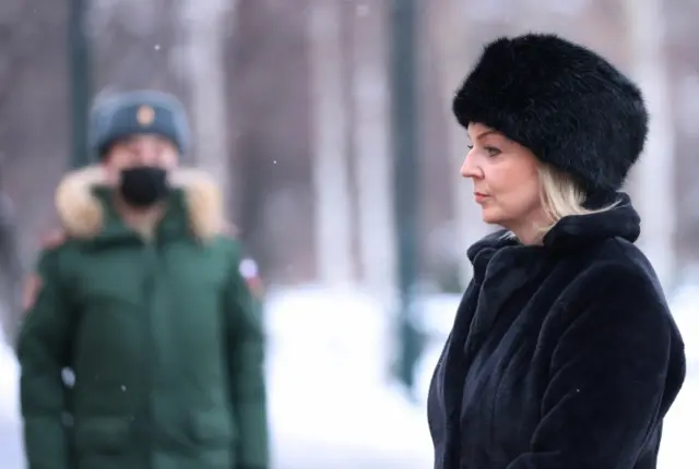 Liz Truss at a wreath laying ceremony in Russia