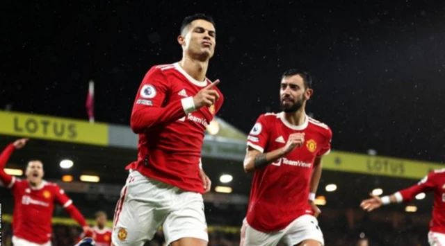 Cristiano Ronaldo celebrates scoring at Norwich