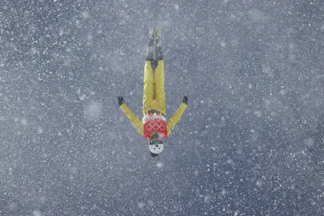 Akmarzhan Kalmurzayeva of Team Kazakhstan performs a trick on a practice run ahead of the Women's Freestyle Skiing Aerials