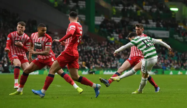 Celtic's Mikey Johnston has a shot on goal