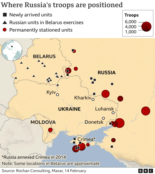 Map showing where Russian troops are positioned on Ukraine border