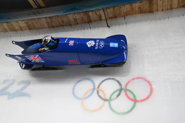 Team GB two man bobsleigh on ice track run