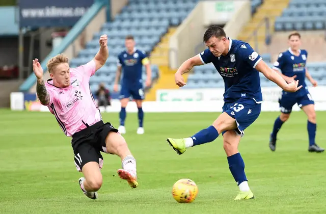 Peterhead's Aidan Smith blocks a shot from Dundee's Jordan Marshall