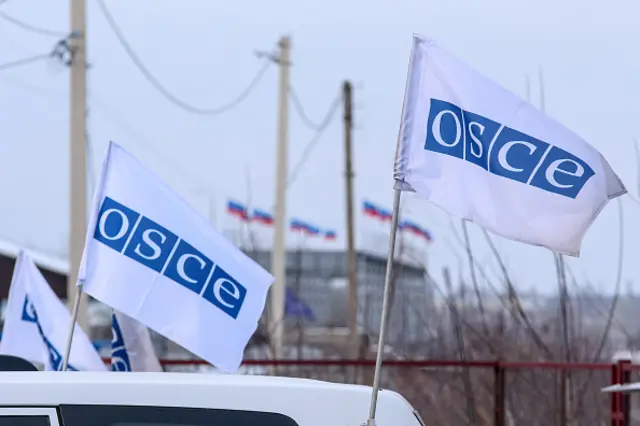 Flags of the OSCE attached to a car