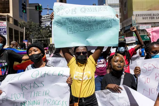 People march during a protest organised by The Queer Republic in Nairobi on January 13, 2022