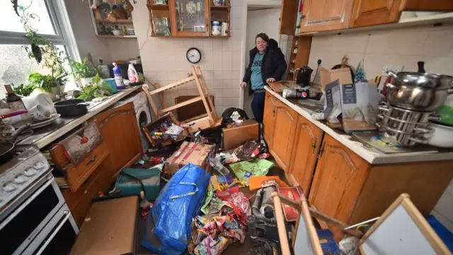 Inside a flooded kitchen in Nantgarw after Storm Dennis in 2020