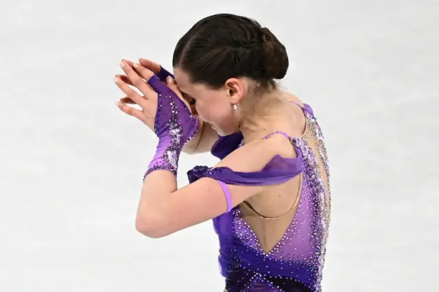 Kamila Valieva reacting after her routine