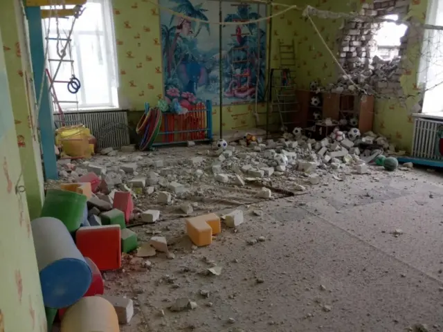 A photo by Ukraine's military purportedly showing a damaged kindergarten in Stanytsia Luhanska, eastern Ukraine