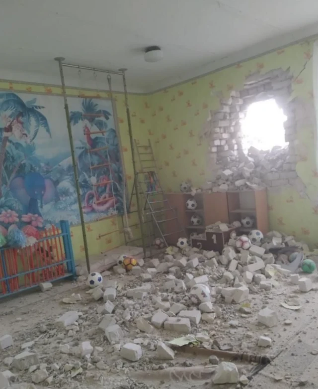 A photo by Ukraine's military of what it says is the damaged kindergarten in Stanytsia Luhanska