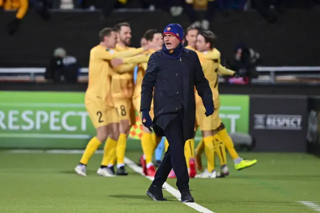 Jose Mourinho reacts during the Uefa Europa Conference League group C match between Bodo/Glimt and AS Roma