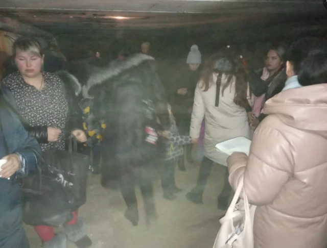 A photo by Ukraine's military purportedly showing Stanytsia Luhanska residents in a shelter