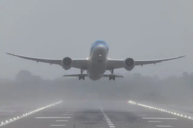 A plane takes off at Gatwick