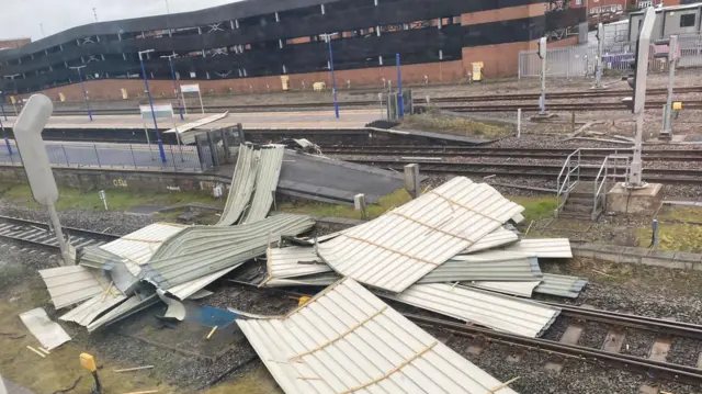 The roof of a railway building blown onto the tracks at Banbury