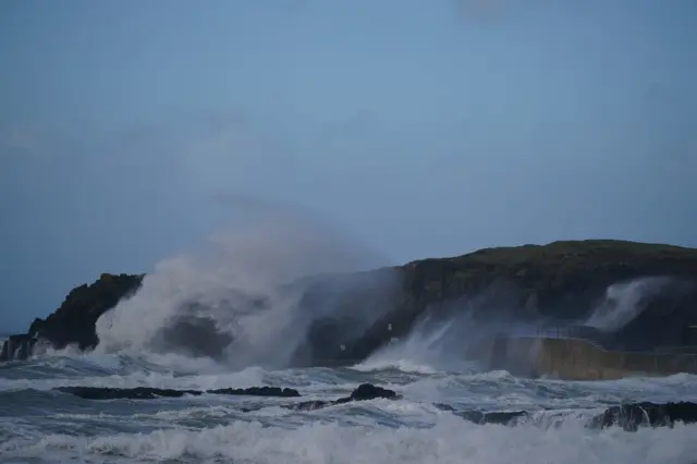 Waves hit the sea wall at Portstewart in County Londonderry