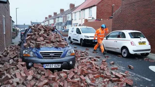 Fallen masonry landed on a car in Roker, Sunderland