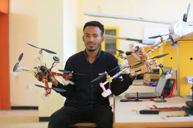 Ethiopian lecturer with a locally assembled drone