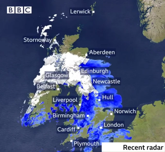 A weather map showing snow covering parts of north-east England and Scotland, according to recent radar