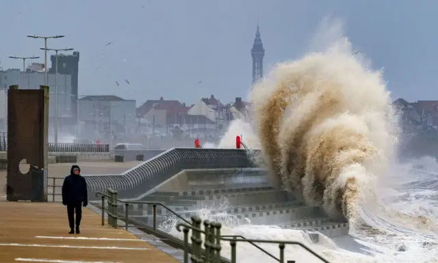 Waves crashing on the seafront at Blackpool