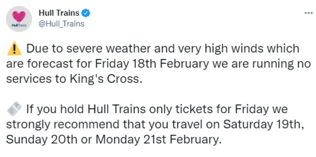 Hull Trains tweet