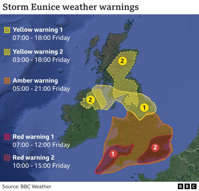 Storm Eunice weather warnings