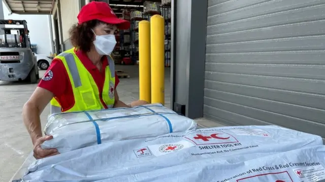 Supplies intended as relief material are prepared to be sent to Tonga