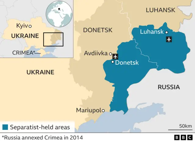 Map showing the separatist-held areas of Donetsk and Luhansk in eastern Ukraine