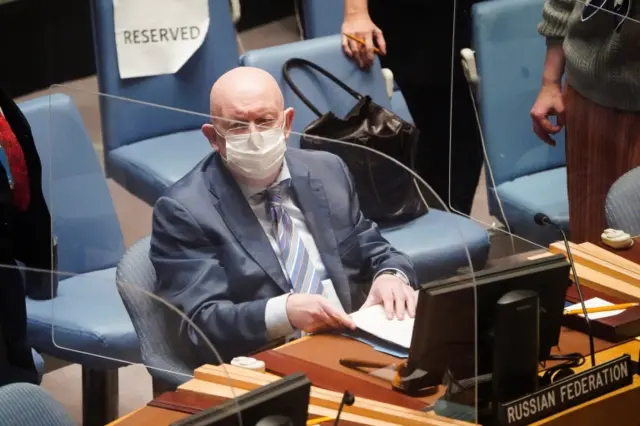 Russian Ambassador to the UN Vasily Nebenzya attends as the United Nations Security Council meets after Russia recognised two breakaway regions in eastern Ukraine as independent entities