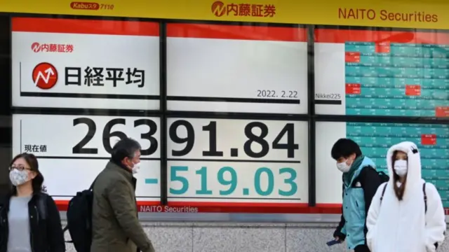 Pedestrians walk past an electronic share price board showing the early numbers on the Tokyo Stock Exchange in Tokyo on February 22, 2022.