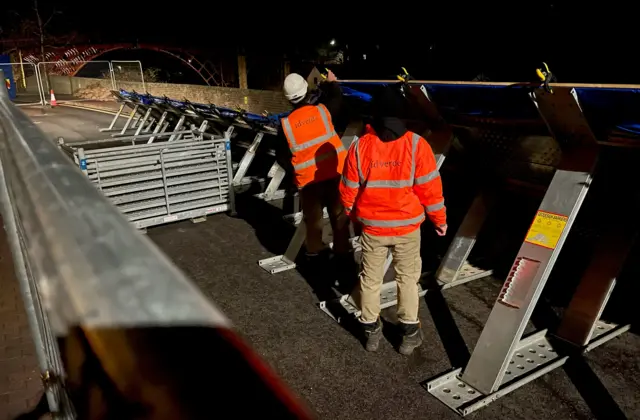 Barriers in Ironbridge on Monday evening