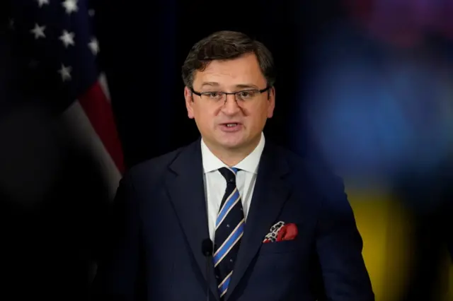 Ukraine's Foreign Minister Dmytro Kuleba speaks during a news conference with US Secretary of State Antony Blinken on 22 February